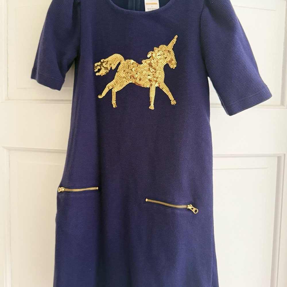 Gymboree Blue Sheath Dress with Gold Unicorn and 3/4 Sleeves